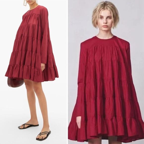 Merlette Soliman Dress Burgundy Red Pleated Embroidered Mini Long Sleeve Small